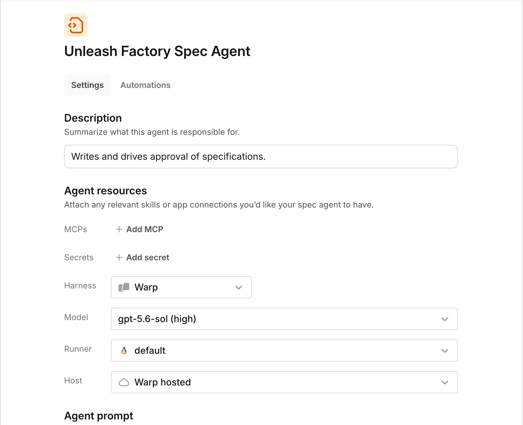 An agent's settings page, showing its description, MCPs, secrets, harness, model, runner, and host fields.