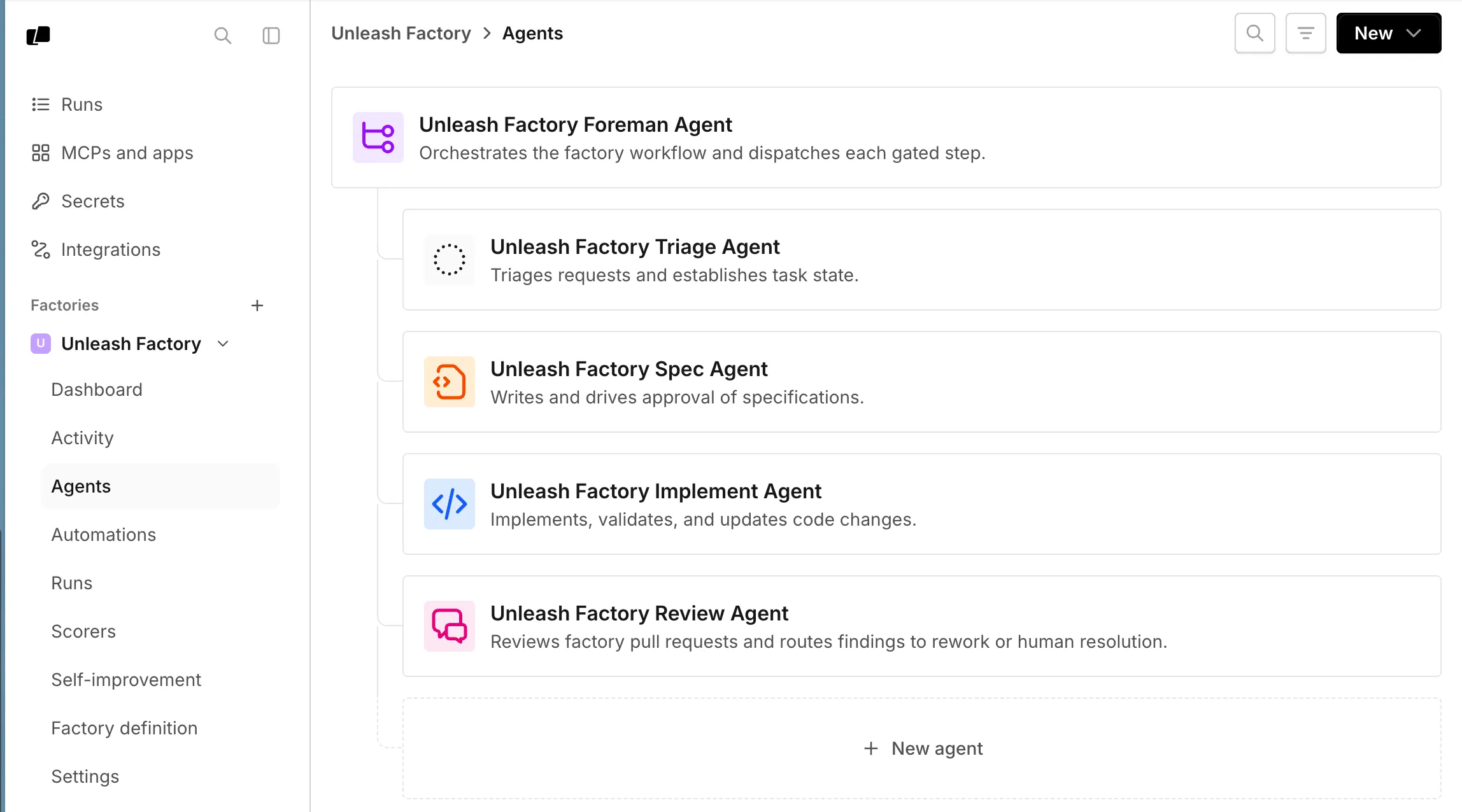The Agents page in the factory dashboard, listing a foreman agent and its four default agents: triage, spec, implement, and review.